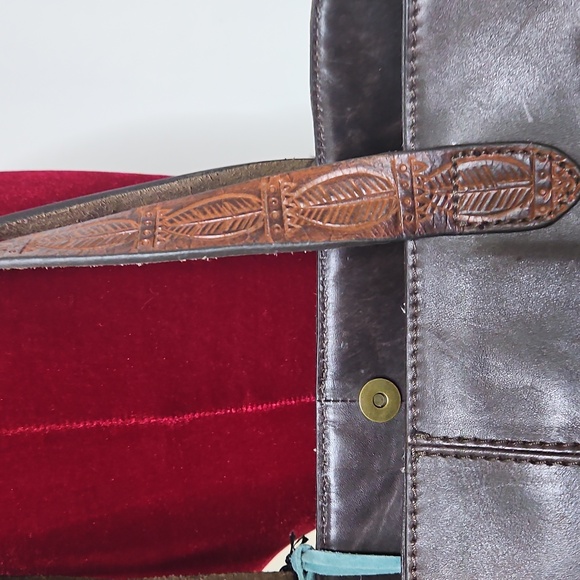 Ariat Brown Tooled Leather Tote with Light Blue Fringe - Picture 7 of 14